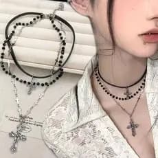 Y2K Picante Menina Multi-Camada Gargantilha Vintage Punk Cruz Pingente Colar Feminino Doce Legal Clavícula Corrente Góti