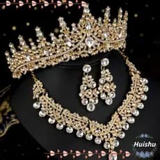 Coroa De Casamento Barroca HUISHU , Colar De Brincos De Tiara De Cristal Champanhe Com 3 Pacotes , Chapéu De Noiva De Lu