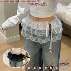 HUISHU Saia De Gaze Em Camadas De Renda , Cortina De Peido Fungo Plissada Com Cadarço , Cintura Streetwear Y2k
