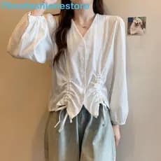 MXFASHIONESB Blusa Com Cordão Cadarço , Camisas De Manga Comprida Decote Em V Outono Primavera , Top Retrô Solto Para Mu