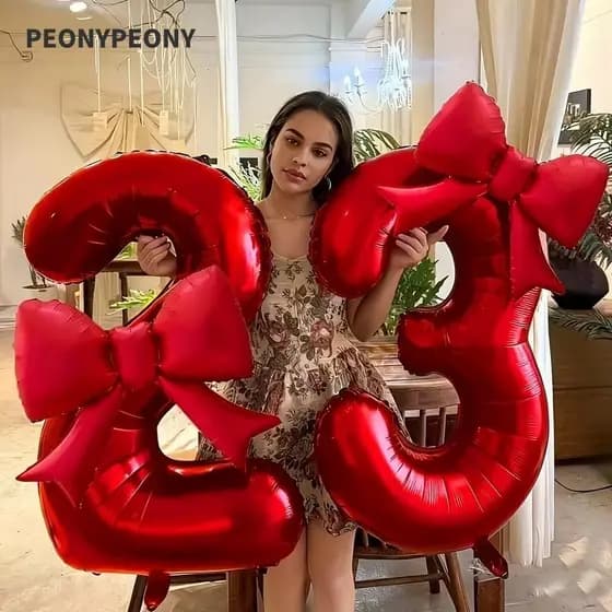 Balão Digital 0-9 Com Número PEONY , Balões De Folha Grandes Vermelhos De 32 Polegadas , Decoração De Aniversário
