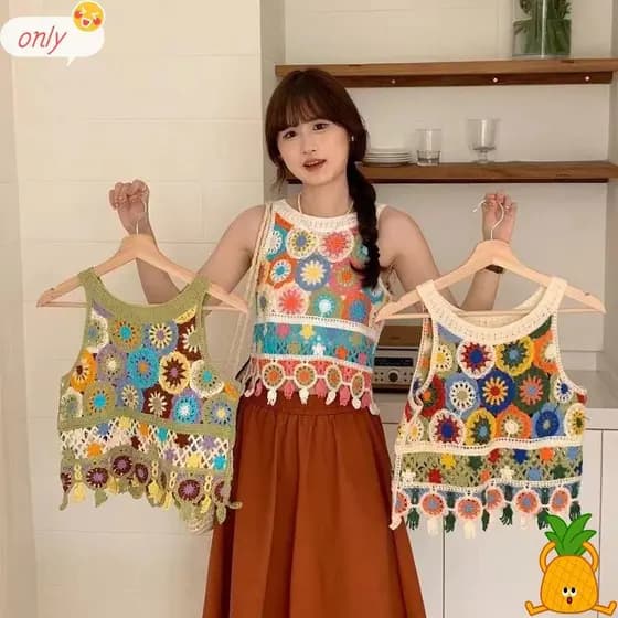 ONLYGOODS Colete De Malha , Feminino Sem Mangas , Borlas De Crochê De Moda , Top De Praia Boêmio Curto