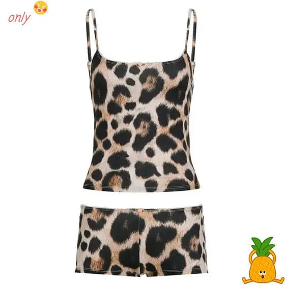 ONLYGOODS Conjuntos Justos De 2 Peças , De Shorts Com Estampa De Leopardo , Design Decote Em V