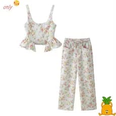 ONLYGOODS Conjunto De Top Cropped Com Babados , Estampa Floral , Sem Mangas , Colete Feminino , Casual De Calças Largas