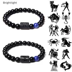 [brightlight.br] 12 Constellation Zodiac Signs Bracelet with Black Onyx Beads for Couples [BR]
