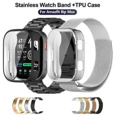 Para Amazfit Bip Max Pulseira De Relógio De Aço Inoxidável + Capa TPU 3 Pontos Link Milanês Malha Loop Cinta Conjunto Es