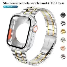 Banda De Aço Inoxidável TPU Caso Para Apple Watch Série 11 10 9 8 7 SE 42 41 40 38mm Metal 5 Link Cinta Conjunto Capa Pr