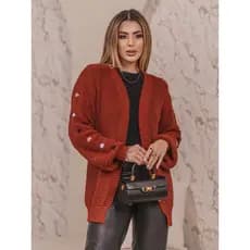 Casaco Manga Bufante Tricot Feminino Bolinhas COLORIDAS LUANA Max Cardigan Inverno Outono Tricô