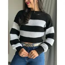 Cropped Tricot Listrado Manga Bufante Feminino Inverno KARINE Manga Longa Bloco de listra Tricô