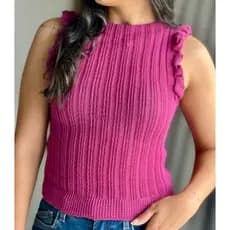 Blusa Tricot Regata Cropped com Babados Feminina BIA Garrafinha Moda Tricô