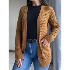 Cardigan Casaco Tricot Furadinho Com Bolso Inverno Moda feminina tricô alongado Tendência Furinho