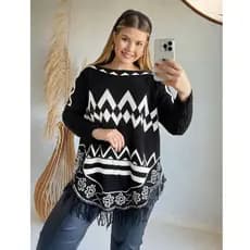 Poncho Tricot fio MOUSSE feminino com estampa e franja com manga kimono grosso inverno tricô