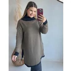 Poncho Xadrez Tricot Feminino Com Fenda Lateral Inverno Tricô Moda Confortável Gola Alta