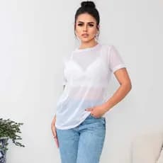 Camiseta T-shirt Tule Transparente Manga Curta Casual Leve Feminina Blogueira