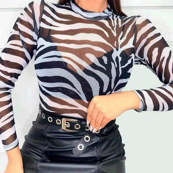 Body de Tule Feminino Manga Longa Estampado Blusa Transparente