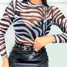 Body de Tule Feminino Manga Longa Estampado Blusa Transparente