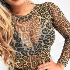 Body Feminino Transparente de Tule Animal Print Manga Longa