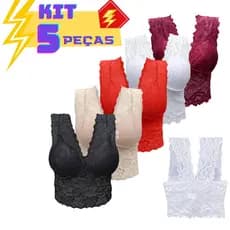 Kit 5 Cropped Regata Feminino Top de Renda Com Bojo Alça Larga
