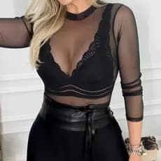 Body de Tule Feminino Manga Longa