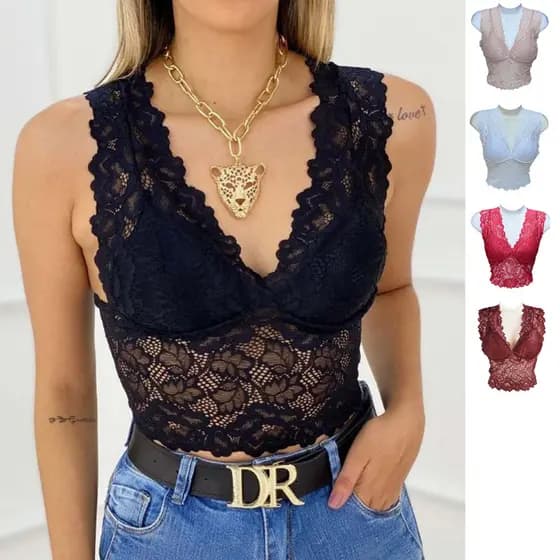 Top de Renda Cropped Feminino Regata Alça Larga Grossa Com Bojo