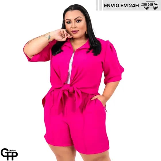 Conjunto Plus Size Manga Curta Camisão e Short Feminino Moda Curve