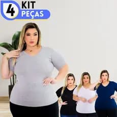 Kit 4 Camisetas T-Shirt Plus Size Básica Feminina Manga Curta Gola V Curve
