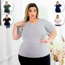 Camiseta T-Shirt Feminina Plus Size Básica Manga Curta G1 G2 G3 Gola V Moda Curve