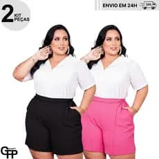 Kit 2 Peças Short Feminino Bermuda Básico Plus Size Cintura Alta