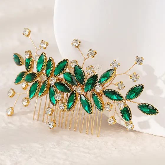 Jóias De Cabelo Casamento Nupcial Pente Artesanal Cocar Liga De Cristal Verde Hedwear Para Festival Festa De Decoração D