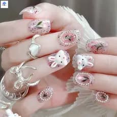 24 Pcs Unhas Postiças De Coelho De Desenho Animado-Reutilizáveis Doces Brancas Para Mulheres