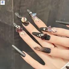 Unhas Postiças Estilo Escuro Com Design De Borboleta De Cobra Rosa-10 Peças De Arte De Artificiais