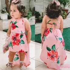 XsP-1-6 Anos Vestido De Menina Com Flores Impressão Uma Peça Sem Costas Irregular Casual