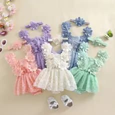 Baby Girl Summer Outfit Bordado De Verão Em Flor Romper Vestido De Malha Fita De Cabeça De Laço 2 Peças