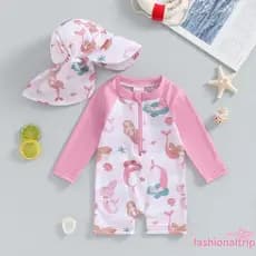 Conjunto De Fato De Banho De Manga Comprida Rash Guard Chapéu De Sol De Aba Larga Roupa De Praia Toddler