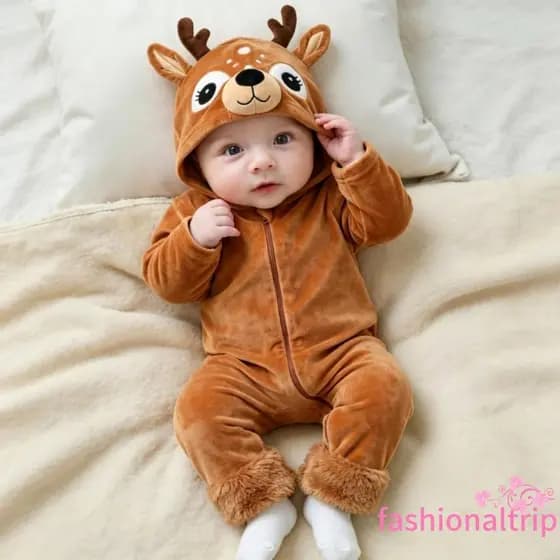 [FaSh] Macacão Infantil De Pelúcia Com Zíper E Rena Capuz Para Roupa De Cosplay De Férias De Natal