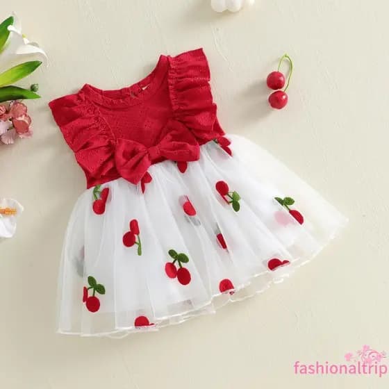 [FaSh] Vestidos Decorativos Bordados Cereja Para Bebês Meninas Com Babados E Manga Voadora