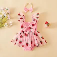 Conjunto De 2 Peças Para Bebês Meninas , Confortável , Sem Mangas , Gola Quadrada , Estampa De Morango E Faixa De Cabeça