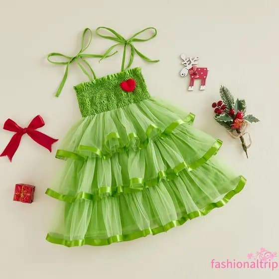 [FaSh] Vestido Infantil Feminino Fofo De Natal Sem Mangas Com Gola Quadrada E Tule