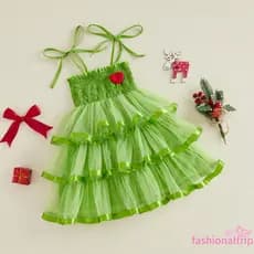 [FaSh] Vestido Infantil Feminino Fofo De Natal Sem Mangas Com Gola Quadrada E Tule
