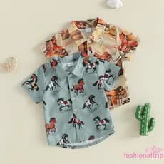 Camisas Ocidentais Para Bebês Meninos , Manga Curta , Estampa De Cavalos/Botas , Com Botões , Tops De Verão Crianças Peq