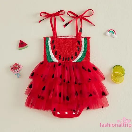 [FaSh] Macacão Melancia Para Bebês Meninas Sem Mangas Com Alça De Gravata E Tule Macio Patchwork De Verão