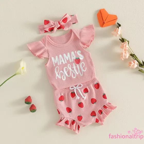 [FaSh] Roupas Para Bebês Meninas Com Estampa De Morango E Manga Voadora + Shorts De Cintura Elástica + Conjunto De Faixa