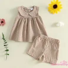 [FaSh] Roupas De Verão Para Bebês Meninas Xadrez Gola Boneca Sem Mangas Regata + Conjunto De Shorts Elásticos