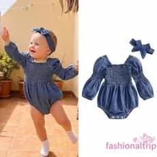 [FaSh] Conjunto De Macacão Jeans De Manga Comprida Para Bebês Meninas Com Bata E Faixa De Cabeça Laço