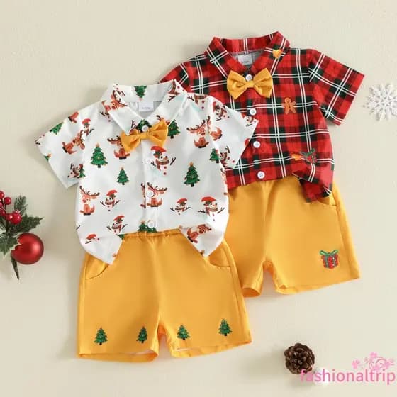 [FaSh] Conjunto De Camisa De Manga Curta Com Gravata Borboleta + Shorts Para Bebês Meninos