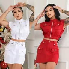 Conjunto Feminino Alfaiataria blusa Cropped e Saia cargo curta botões com bolso zíper moda roupas femininas Óliver