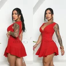 Vestido Grazy Babado Alça Curto Luxo tecido duna forrado com zíper amarração Modinha roupas Femininas