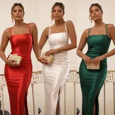 Vestido Midi Luxo tecido acetinado com bojo zero transparência alças cruzado nas costas e com elástico na cintura luxo