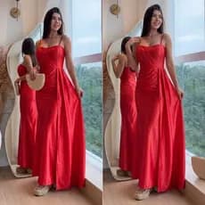 Vestido P.rada Busto Grapeado Alça Tecido Acetinado Bom bojo zíper nas costas Longo fenda Luxo Festas Formatura Casament
