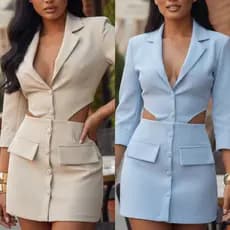 Vestido Blazer DIANA Curto em Alfaiataria manga longa botões encapados tecido encorpado sem transparência bolso fake